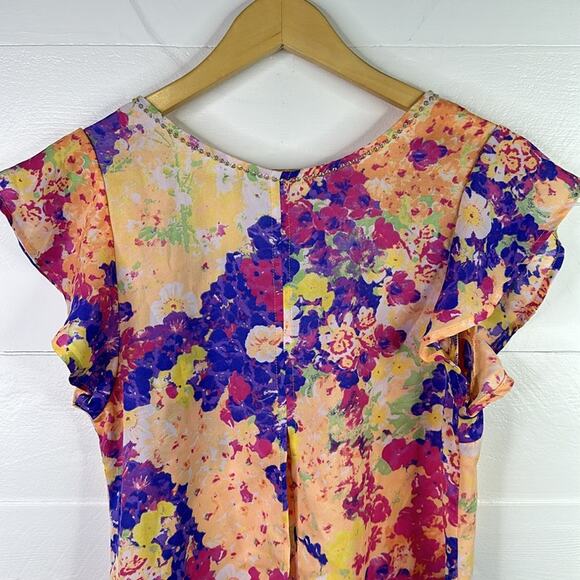 TRUE FREEDOM Orange Purple Pink Wide Flutter Sleeve Long Tunic Shirt Top Size M - Picture 3 of 11